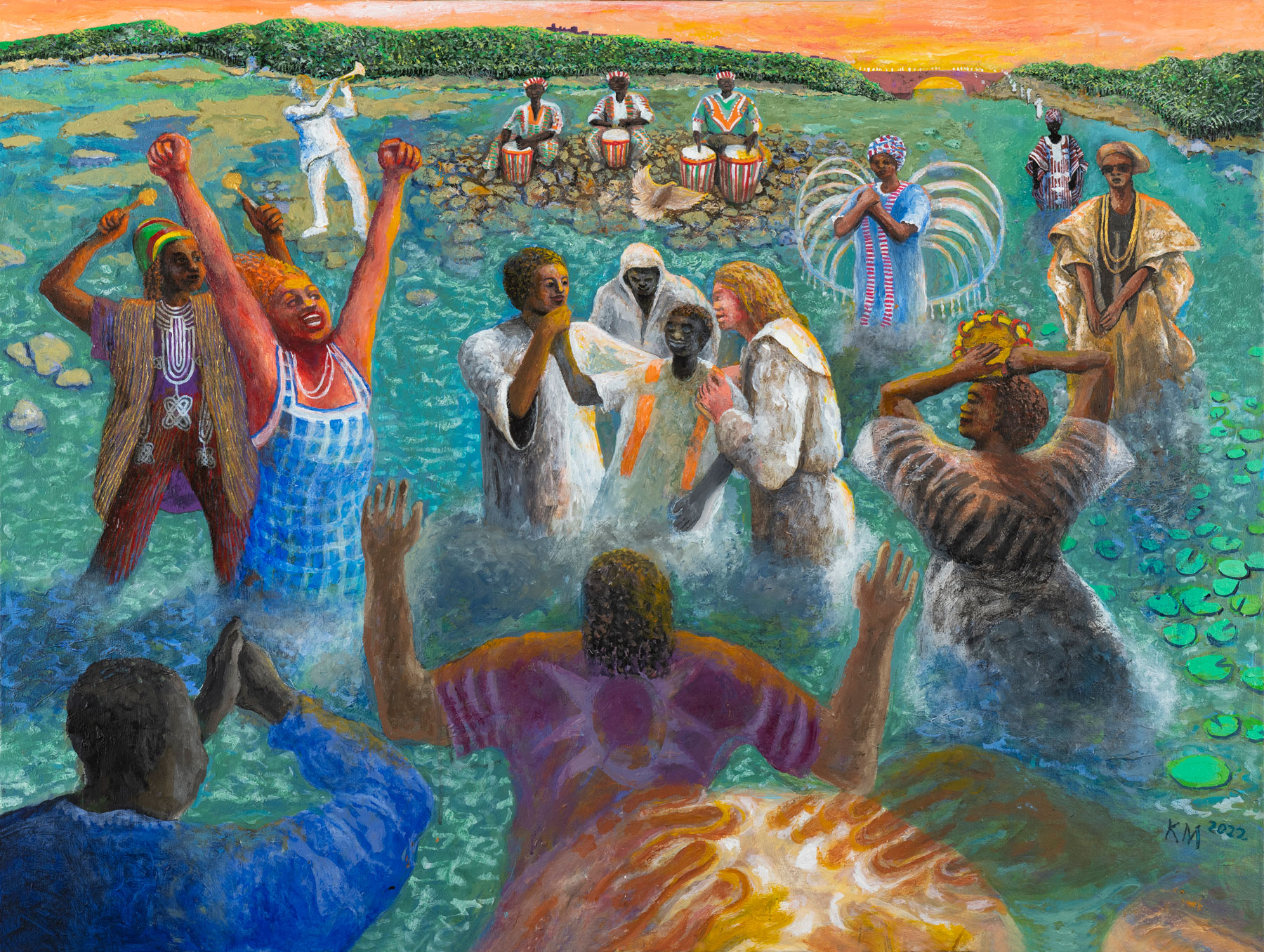 Painting of people dancing with arms raised in water